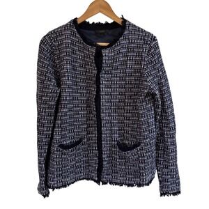 J Crew Tweed Jacket Blue White‎ Black Fringe Collarless Women's M